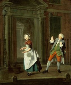 İyi giyimli bir hizmetçi kız paspasını çeviriyor, c1764