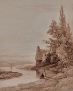 Figürler ve küçük bir tekne ile su manzarası by Edward Pretty
