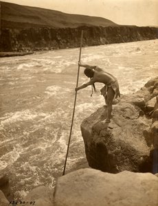 Tlakluit Kızılderilisi, kayanın üzerinde ayakta, daldırma ağ ile balık tutuyor, c.1910 (b/w fotoğraf) by Edward Sheriff Curtis