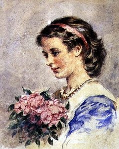 Bir Demet Pembe Çiçek Olan Genç Kız (kağıt üzerine kalem üzerine suluboya) by Edward Tayler