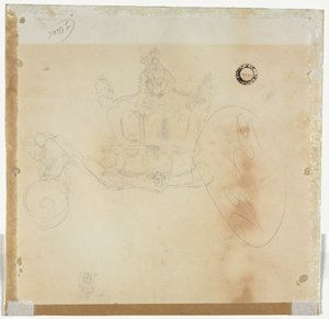 Kabin ve Ön Sol Araba Tekerleği Çalışması ve Arabanın Üstünde Oturan Taçlı Figürün Başı Çalışması (verso) by Edward Tennyson Reed
