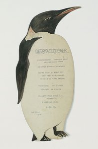 Kış Ortası Günü Yemeği için İmparator Penguen şeklinde menü, Cape Evans, 22 Haziran 1912 (kart üzerinde kalem ve guaj) by Edward W. Nelson