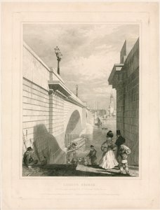 New London Bridge from the upper landing of the steps near Tooley Street  by Edward William Cooke