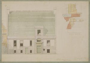 Framhæð húss fyrir J.A.M. Whistler Esq, Tite Street, Chelsea, 1877 (pen og blek og wc á pappír) (sjá einnig 176476)