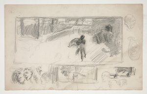 Çeşitli eskizler (rekto); Pelerinli bir adamın çizimi (verso) by Edwin Austin Abbey