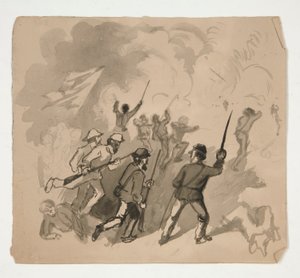 İç Savaş savaş sahnesi (rekto); Bir ormandaki adamın tanımlanamayan çizimi (verso) by Edwin Austin Abbey