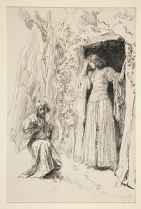 Ferdinand Miranda ile Tanışıyor, III. Perde, Sahne i, Fırtına için illüstrasyon by Edwin Austin Abbey