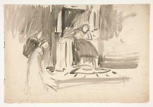 İki figürle çevrili tahttaki figür, tanımlanamayan bir Shakespeare oyunu için eskiz by Edwin Austin Abbey