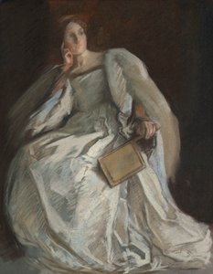 Beyaz Oturan Bayan. Sağ El Çeneye. Tutma Fanı. by Edwin Austin Abbey