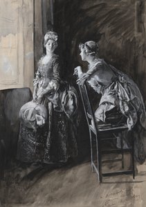 Bayan Neville ve Bayan Hardcastle, Oliver Goldsmith için illüstrasyon by Edwin Austin Abbey