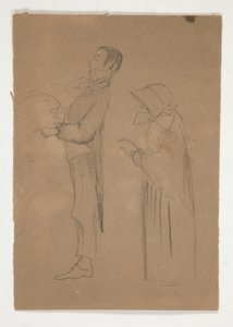 Erkek ve Yaşlı Kadın Profil Çalışmaları (rekto); Üç Kafa Çizimi ve Tanımlanamayan Çizim (ters) by Edwin Austin Abbey