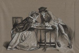 Ders çalışma. Bayan ve Beyefendi bir masada sohbet ediyor by Edwin Austin Abbey