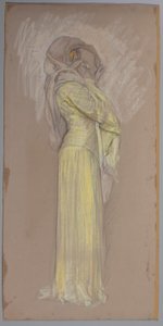Çalışma, sarı elbiseli, yüzünde kahverengi peçeli bir kadın. by Edwin Austin Abbey