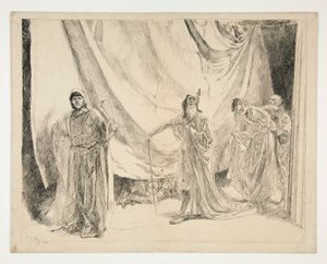 Oyuncuların Yeniden Girişi, V. Perde, Sahne I, Bir Yaz Gecesi için çizim by Edwin Austin Abbey