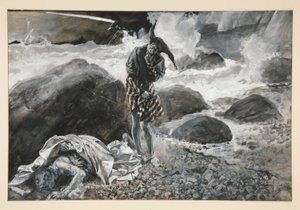 Trinculo ve Caliban, II. Perde, Sahne ii, Fırtına için çizim by Edwin Austin Abbey