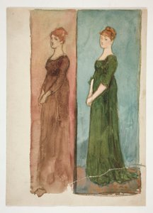 Bir kadının iki çizimi (kırmızı, yeşil giyinmiş) - bir oyun için kostüm çalışmaları mı? by Edwin Austin Abbey