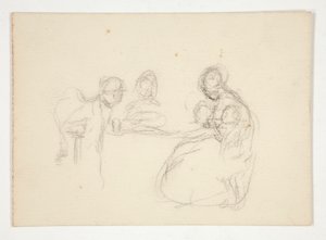 Tanımlanamayan illüstrasyon- Bir masadaki rakamların incelenmesi. Arkada oturan adam. by Edwin Austin Abbey