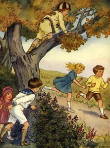 Bir ağacın içinde ve arkasında saklanan çocuklar