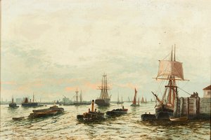 Thames üzerinde mavnalar (tuval üzerine yağlı boya) by Edwin Henry Eugene Fletcher