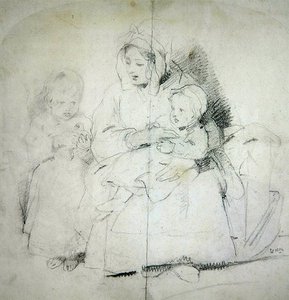 İki Çocuklu Bir Anne (kağıt üzerine kalem) by Edwin Landseer