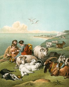 Beyaz kayalıklarda koyun ve keçilerle oynayan çocuklar by Edwin Landseer