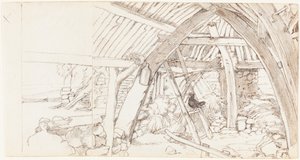 Ahır (birleştirilmiş iki yaprak dokuma kağıt üzerine grafit üzerine kalem ve kahverengi mürekkep) by Edwin Landseer