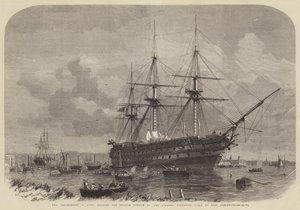 HMS Agamemnon, 91 Guns, Doğu Greenwich'teki Atlantik Denizaltı Kablosunun İngilizce Kısmını sevk ediyor