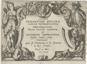 Av sahneleri olan bir dizi için başlık baskısı Av sahneleri (dizi adı) Icones Venantum Species Varias Representantes (nesne üzerinde seri başlığı)