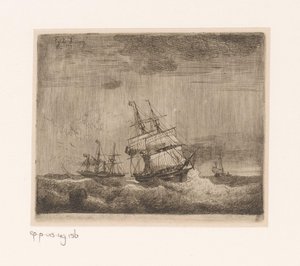 Denizde yelkenli gemiler ve kanatlı vapur by Egidius Linnig