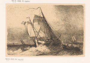 Sorunlu bir denizde yelkenli gemiler ve bir kürek teknesi by Egidius Linnig