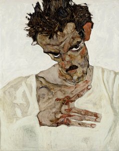 Alçaltılmış başlı otoportre. Egon Schiele (1890-1918), ahşap üzerine yağlı boya tablo by Egon Schiele