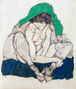 Yeşil Başörtülü Çömelmiş Kadın - Schiele, Egon (1890-1918) - 1914 - Siyah tebeşir, Kağıt üzerine guaj - 47x31 - Leopold Müzesi, Viyana by Egon Schiele