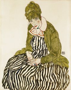 Edith Schiele çizgili bir elbise içinde oturuyor. Egon Schiele (1890-1918), kağıt üzerine kurşun kalem ve guaj çalışması by Egon Schiele