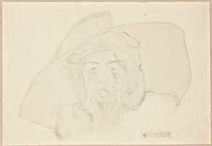 Büyük şapkalı bağıran genç bir kadının başı, çenesi eller tarafından destekleniyor. by Egon Schiele