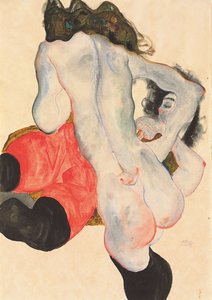 Kırmızı pantolonlu uzanmış ve çıplak duran kadın, 1912