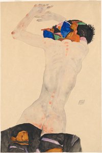 Rückenakt mit buntem Tuch Nude arkadan renkli bir bezle, 1911. by Egon Schiele