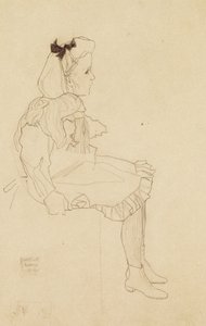 Oturan, Saçında Fiyonklu Kız, 1909 by Egon Schiele