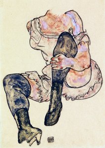 Oturan, Sol Bacağı Bükülmüş Kadın (Gövde) par Schiele, Egon (1890-1918), c. 1917 - Kağıt üzerine guaj ve pastel, 43,2x29,9 - Özel Koleksiyon by Egon Schiele