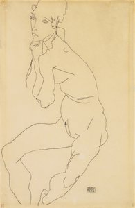 Elleri çenede çıplak oturan kadın, 1914 by Egon Schiele