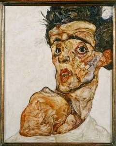 Çıplak omuzu kaldırılmış otoportre by Egon Schiele