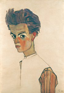 Çizgili Gömlekli Otoportre, 1910 (kağıt üzerinde grafit ve wc) by Egon Schiele