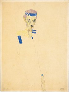 Mavi kareli kafa bantlı Otoportre, 1909. by Egon Schiele