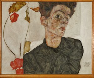 Çin feneri ve meyve ile otoportre (ahşap üzerine resim) by Egon Schiele