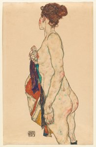 Desenli Bornozla Çıplak Durmak by Egon Schiele