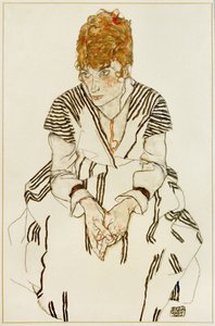 Sanatçının çizgili elbiseli baldızı, oturur vaziyette by Egon Schiele