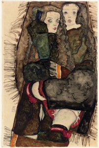 Saçaklı Bir Battaniye Üzerinde İki Kız; Saçaklı bir battaniyenin üzerinde iki kız, 1911 by Egon Schiele