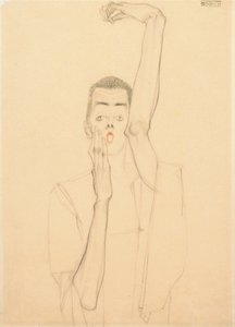 Kalkmış Kol ve Kırmızı Ağızlı Genç Adam; Kalkık Sol Kolu ve Kırmızı Ağızlı Otoportre, 1909 by Egon Schiele