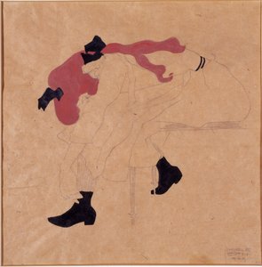 Kızıl saçlı siyah kurdeleli genç kız, ayakkabılarını giyiyor, 1909 by Egon Schiele