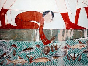 Mısır Sanatı: Menna Mezarı. Balık sahnesi, detay. Çıplak bir hizmetçi bir nilüfer çiçeği alır (18. hanedan) Luksor Fresk (Teb Bölgesi, Şeyh Abd al-Gournah (Gournah), Nil