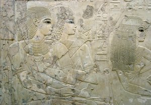 Egyptian antiquite: bas relief representing the guests of a funeral banquet - Tomb of the Vizier Ramose (18th dynasty) - Luxor, Thebes, Tomb of the Nobles Egypt - Egyptian civilization: Bas relief depicting the guests at a funeral banquet, from the Tomb of by Egyptian 18th Dynasty